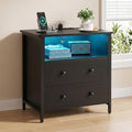 27 Inch LED Nightstand with Charging Station, 2 Drawers, Black | RGB App Control, 2 AC Outlets & 2 USB Ports, Open Storage, Adjustable Feet, Wood Tall Nightstand for Bedroom or Office