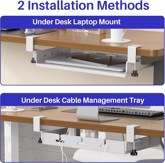 BYMECOST No Drill Under Desk Laptop Mount, Metal Under Desk Storage Shelf | Laptop Storage Tray for Macbook, Mac Mini, Controllers and Cables, Anti-scratch Silicone, fits Office, Gaming, Workstations