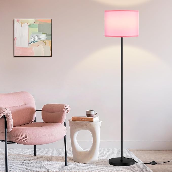 60'' Modern Floor Lamp with Shade, Tall Lamps for Living Room, Bedroom, Office, Dining Room, Pink Shade with Black Pole(Without Bulb)
