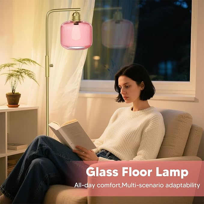 66" Dimmable Gold Standing Lamp with Pink Ribbed Glass for Living Room | Vintage Floor Lamp with Brushed Gold, Stepless Rotary Switch and 3000K LED Bulb, Arc Floor Lamp for Bedroom & Study Room