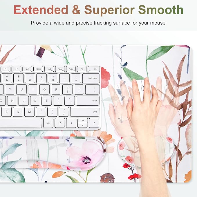 Large Gaming Mouse Pad Set, 4 in 1 Extended Keyboard Desk Mat with Wrist Rest, PC Computer Game Mousepad Set, Non-Slip Desk Pad Easy Typing Pain Relief for Home Office I Orange Flowers