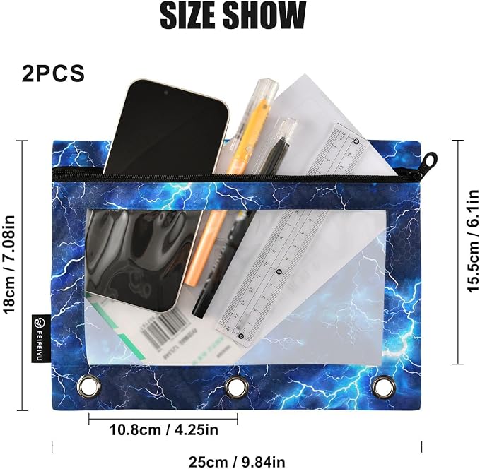 Blue Electric Lightning Pencil Pouch for 3 Ring Binder, 2 Pack Waterproof Pencil Bags Clear Window Pencil Case Zipper School Office Supplies