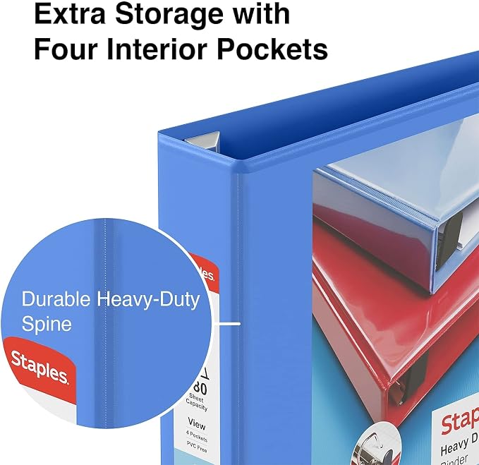 Staples Heavy‑Duty View Binder, 2" D‑Ring, Periwinkle, Reinforced Spine, Durable 3‑Ring Binder for School, Office & Classroom Organization