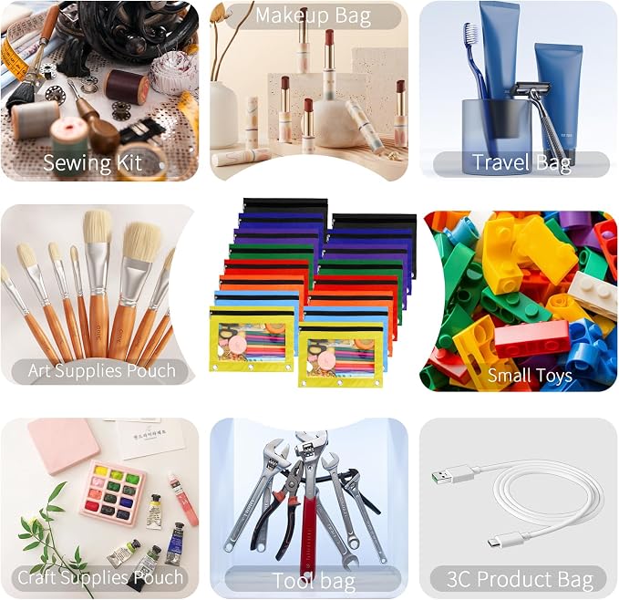Pencil Pouch for 3 Ring Binder, 16 Pack Pencil Bags with Zipper, Large Capacity Pencil Case for Binder Assorted Color Pencil Case Pouch with Clear Window and Grommets Pencil Pocket for Office Supplies