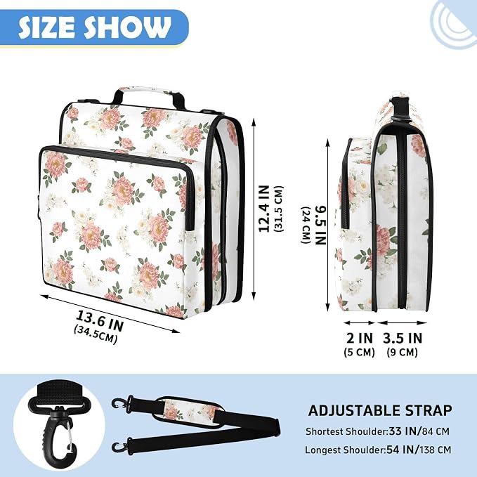 Floral Flowers Zipper Binder File Organizer Bag 3 D-Ring | with Shoulder Strap, Holds 500 Sheets & 14in Laptop, 3 Ring Binder for Office Supplies