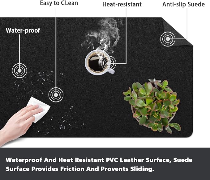 Desk Protector - Non-Slip PVC Leather Office Mat for Desktop - Waterproof Writing Pad (Black, 14" x 30")