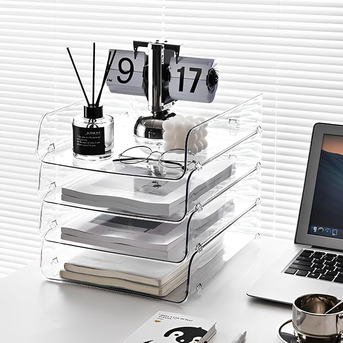Gagee 4 Pack Paper Organizer for Desk,Clear | Acrylic Letter Tray File Organizer Stackable Documents Holder Sorter Office Tray for A4,Notes, Pens, File, Document,Magazine