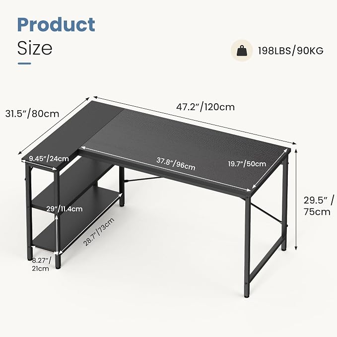DUMOS 39 Inch L Shaped Desk, Computer Gaming Corner Desks with Shelves | Home Office PC Table, Writing Working Study Desk for Bedroom Dorm, Reversible Design, Black