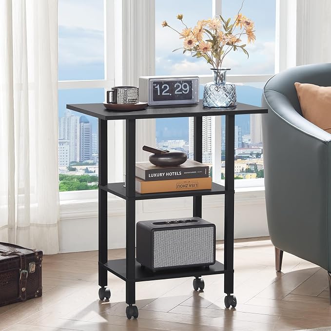 YUFAM 3 Tier Home Printer Stand with Storage, Black | Wooden Mobile Printer Table Shelf, Rolling Printer Cart Shelf with Lockable Wheels fit Fax Machine, Scanner