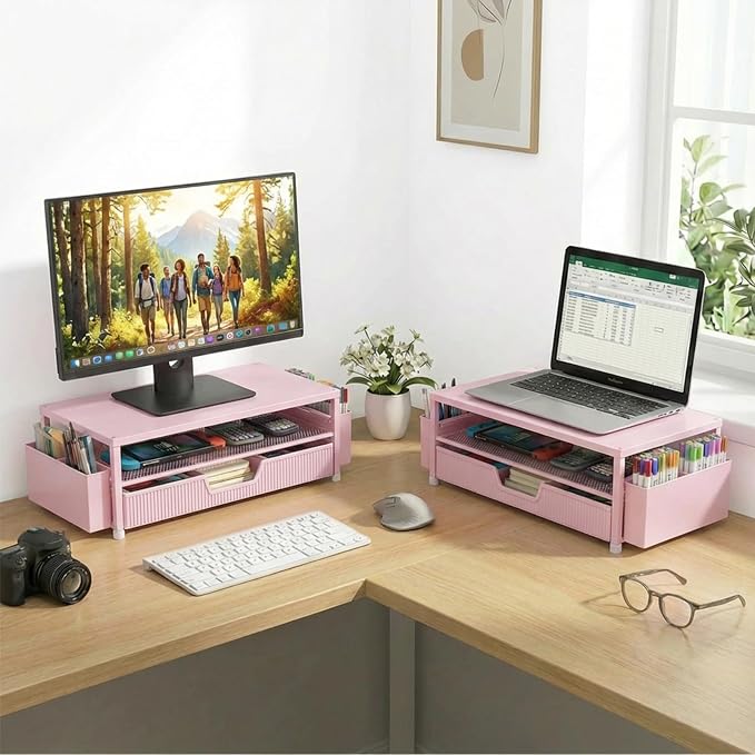 ECOLOVI Desk Organizer and Accessories, 2-Tier Computer Monitor Stand Rise with Storage Drawer & 2 Pen Holders, Laptop & Printer Stand for Desktop, Workspace Organizers for Office Supplies (Pink)