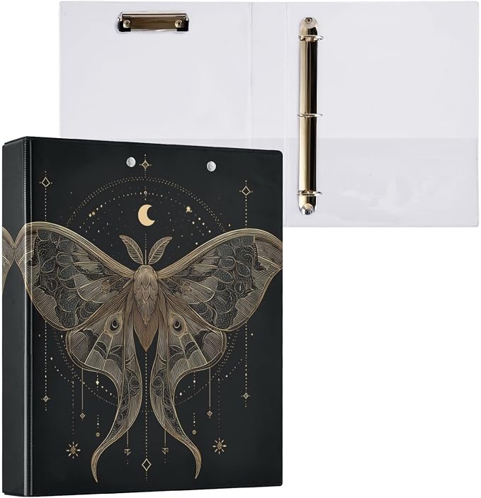 Mystical Goth Moths 3 Round Ring Binders | 1.5 Inch Binder with Clipboard, PVC Pockets, Work Organizer, Holds 200 Sheets for School Office 1 Pack