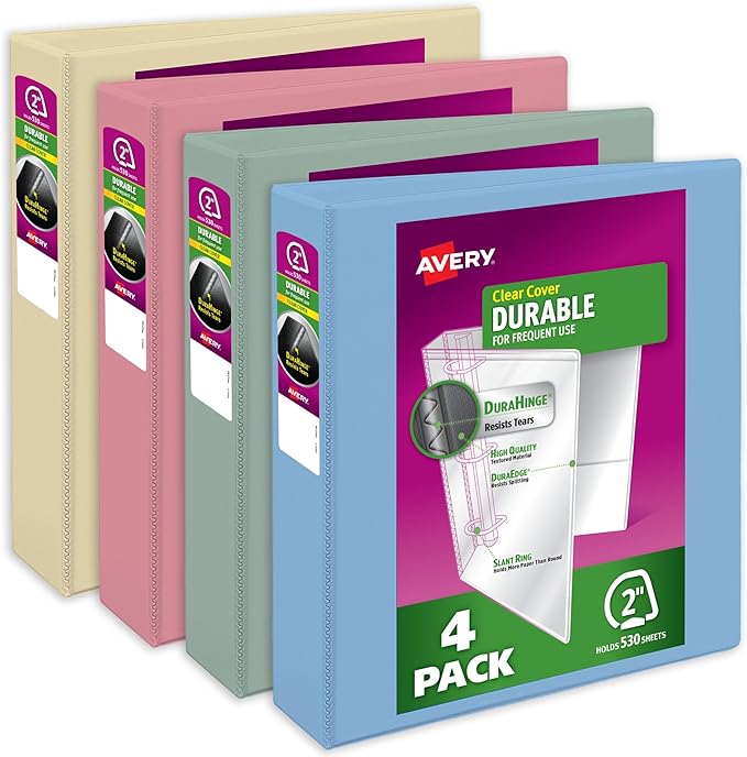 Avery Durable View 3 Ring Binders, 2 Inch Slant Rings, 530-Sheet Capacity, Assorted Pastel Colors, 4-Pack (05636) – for School, Office, Teachers, Classrooms & Home Organization