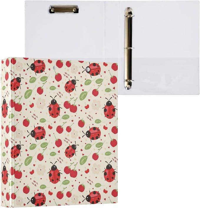 Ladybugs with Cherry 3 Round Ring Binders | 1.5 Inch Binder with Clipboard, PVC Pockets, Work Organizer, Holds 200 Sheets for School Office 1 Pack