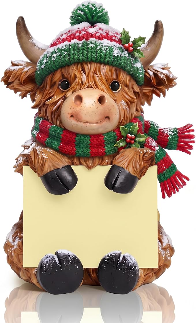 Thenshop Christmas Highland Cow Pop up Sticky Note Dispenser with 100 Sheet | Christmas Sticky Note Holder, Highland Cow Desk Accessories, Resin, Red Green Scarf Hat, Back to School Classroom, 3 x 3 Inch