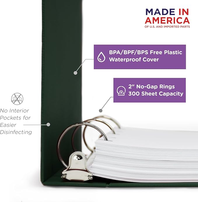 Carstens 2-Inch Heavy Duty 3-Ring Binder - Top Opening, Forest Green, Durable Plastic, No-Gap Rings, Waterproof Cover, No Pockets, Holds 300 Letter Sheets, BPA-Free, Made in USA (5870-3R), Case of 16