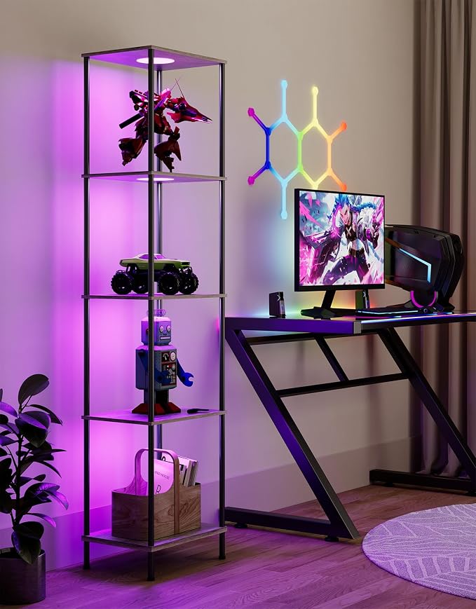 Display Shelf with RGBW Light, Color Changing Curio Cabinet Floor Lamp with Shelves Corner Standing Column Lamp Etagere Organizer Tower Nightstand Bookcase for Living Room Bedroom Office Décor, Gray