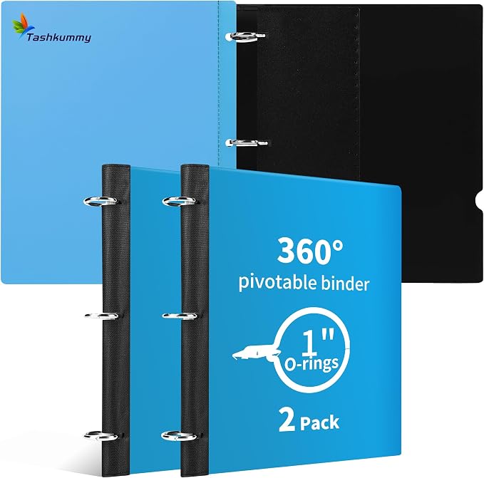 360° Pivotable 3 Ring Binder, Upgraded Foldable Binders 1 inch 2 Pack, Thin Small Three Ring Binder Fits 8.5" x 11", for Home, School and Office Binders Supplies - Blue