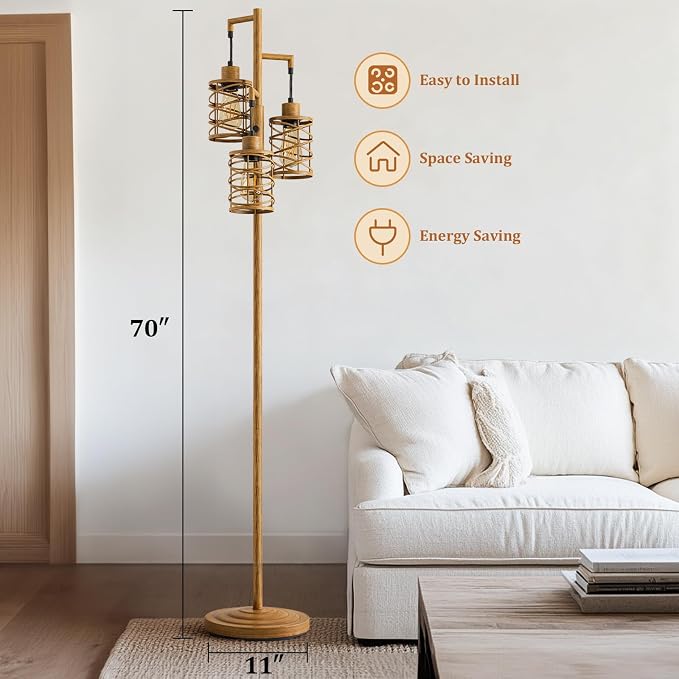 70" Industrial Floor Lamp, Stepless Dimmable Standing Lamp with 3 Bulbs, Farmhouse Corner Standing Tree Lamp for Living Room, Tall Lamps for Bedroom, Office, Study Room, Dining Room, Wood Grain