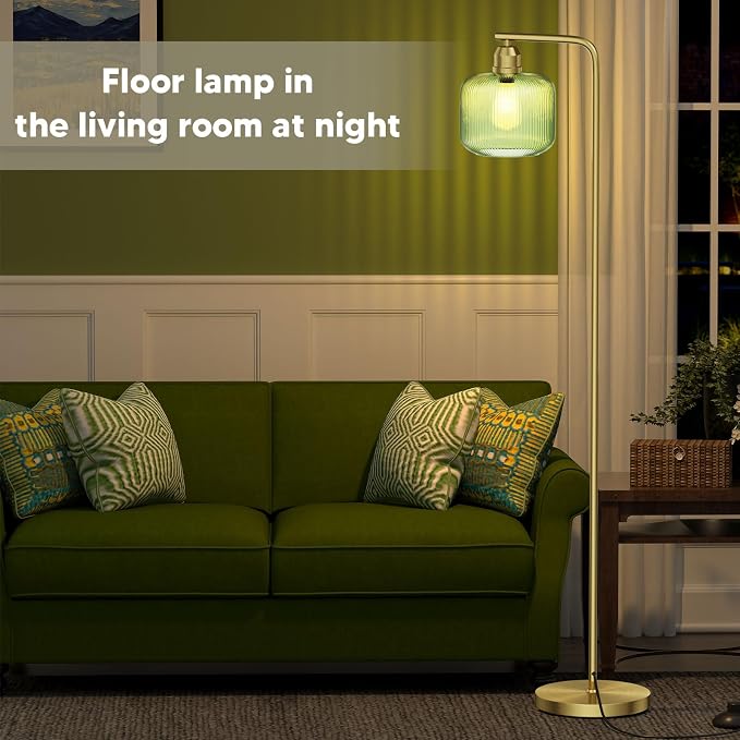 66" Gold Floor Lamp,Standing Lamp with Green Ribbed Glass for Living Room | Vintage Floor Lamp with Brushed Gold Finish,Pedal Switch and 3000K LED Bulb, Arc Floor Lamps for Bedroom & Study Room