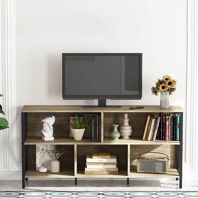 Adompacat 47" Low Horizontal Bookshelf, 5 Cube Wide Storage Organizer, Industrial Wood Metal Cubby Bookcase, Rustic Oak Farmhouse Open Shelf for Bedroom Living Room Home Office(47 in, Oak)