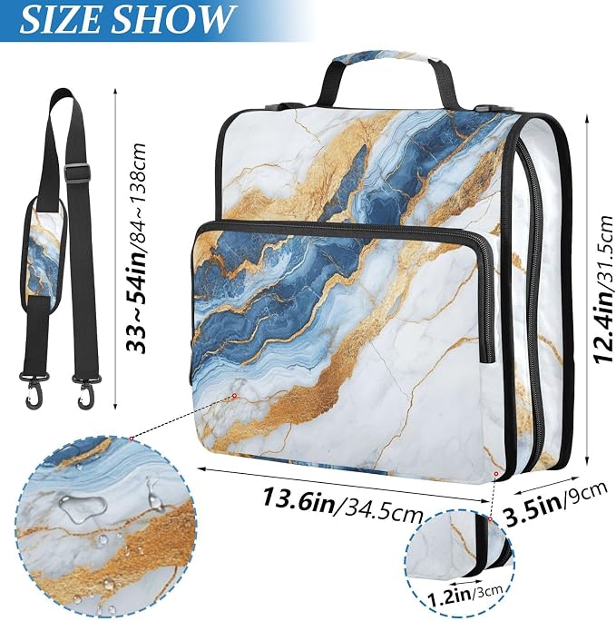 Aslsiy Zipper Binder Marble White Gold Blue 1.5 inch 3-Ring Binder Organizer Trapper Keeper with Shoulder Strap for School Office Supplies