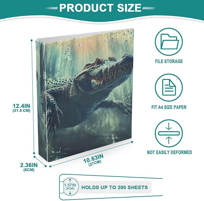 Crocodile Alligator 3 Round Ring Binders Wild Animal | 1.5 Inch Binder with Clipboard, PVC Pockets, Work Organizer, Holds 200 Sheets for School Office 1 Pack