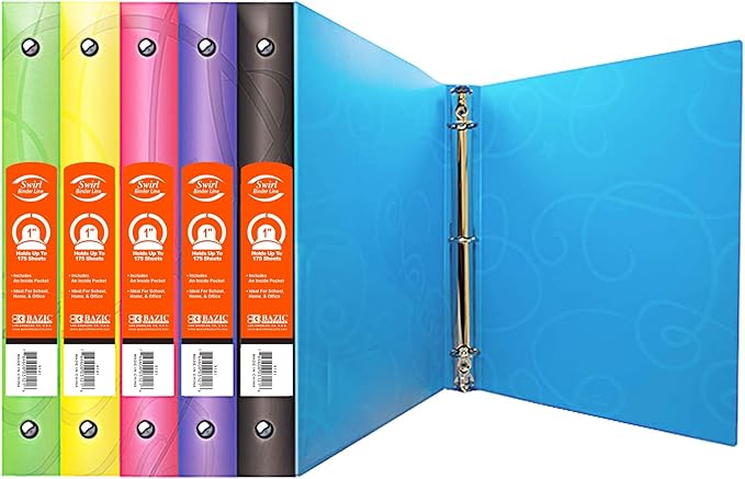 BAZIC Products 1" Swirl Poly 3-Ring Binder, 1 Pocket, 6-Set | round rings, 1 in swirl poly 3-ring binder, 1 inside pocket, holds up to 175 sheets, Durable poly
