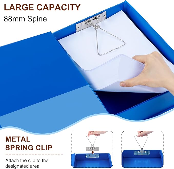 Storage File Boxes 4 Pack, Foldable File Box with Clip, 88mm Spine, Blue | Archives Cases with Magnetic Closure, Plastic Document File Organizer Storage