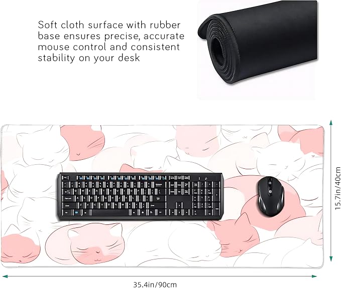 Cute Anime White Cat Gaming Mouse Pad, White Pink Minimalist Desk Mat with Anti-Slip Base & Stitched Edges, Office Supplies & Desk Decor for Women, 35.4" x 15.7" in Home Office Essentials