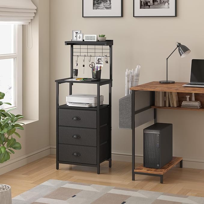 sthmec Bedside Tables Tall Nightstands with Charging Station, LED Bedside Table for Bedroom - 3 PU Fabric Drawers, Hooks, Black
