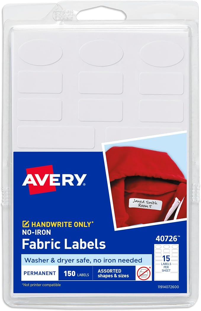 Avery® No-Iron Fabric Labels, Assorted Shapes and Sizes, Washer and Dryer-Safe Waterproof Labels, Non-Printable, 150 Total (40726)