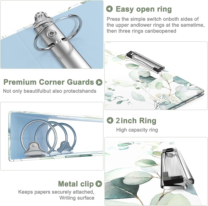 Rouidr 3 Ring Binder, 2 Inch Round Ring Binder Organizer with Clipboard, 5 Dividers Tabs, A4 8.5 x 11 Inch Paper & Clear Sleeves for School, Office Supplies, Eucalyptus Leaf