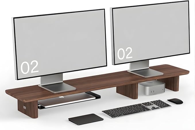 Walnut Dual Monitor Stand Riser - 43.3" Extra Long Wooden Monitor Stand for 2 Monitors, Desk Shelf Organizer for iMac, Laptop & Ultrawide Displays, Natural Wood Grain