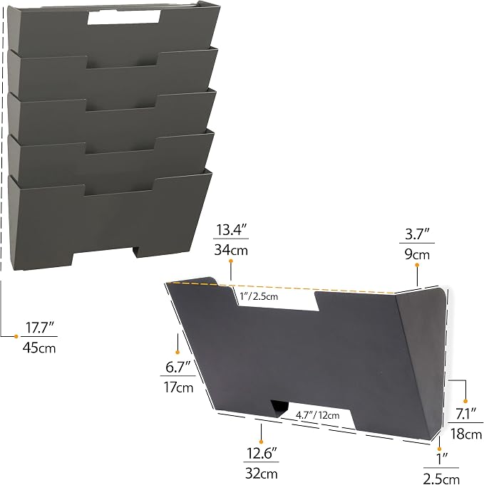 Wallniture Lisbon Metal Wall File Holder Organizer, 5-Tier File Folders Letter Size Magazine Holder and Office Decor, Gray