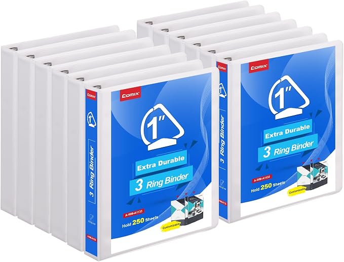 COMIX Heavy Duty Slant-D Ring View Binder, 1 inch 3 Ring Binders, Hold 225 Sheets of 8.5" x 11" Paper, 12 Pack (White)