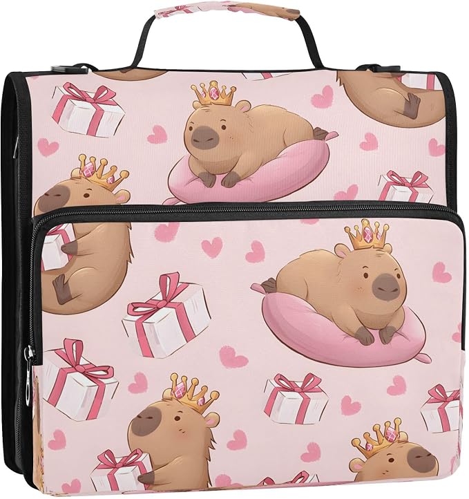 ALAZA Zipper Binder 3 Ring Cute Capybara Love Gift Box Binder Organizer with Zipper and Shoulder Strap Large Capacity Multi-Pocket Trapper Keeper File Folder for Office Supplies