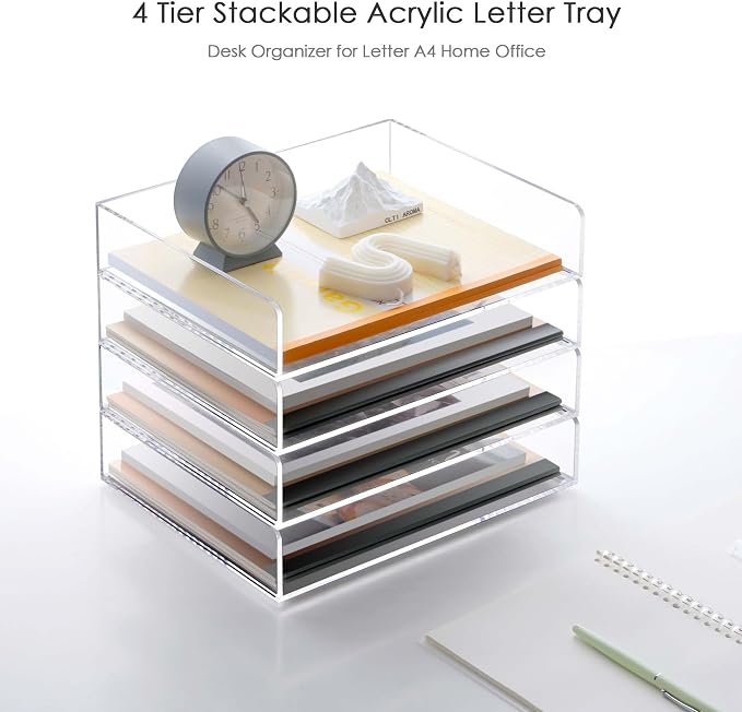 Acrylic Desk Organizer, Stackable Paper Organizer Letter Tray, 4-Tier | Clear Desk Organizers and Accessories, Office Supplies Organizer for Files, A4 Paper, Books, Mails, Office Classroom Home