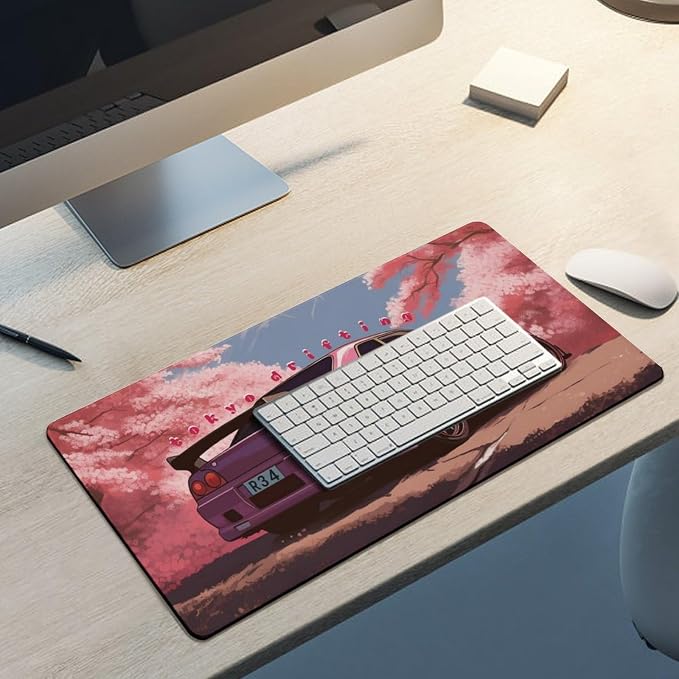 Anime Car Large Mouse Pad Japanese Cherry Blossom JDM Mousepad Gaming Pink Desk Mat R34 Keyboard Computer Pad Office Desk Organizers and Accessories 23.6 x 11.8 Inch