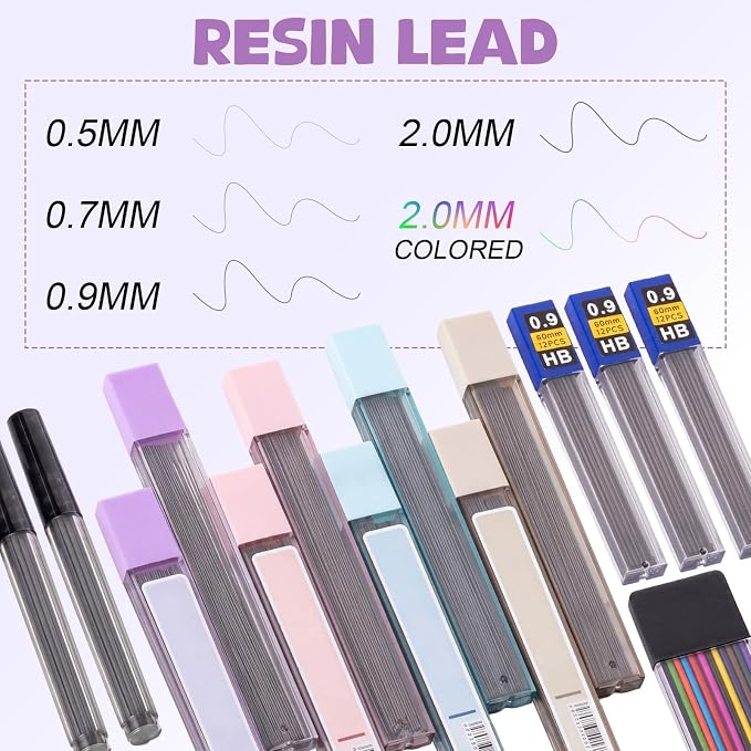 Eersida 47 Pcs Aesthetic School Supplies with Cute Pen Case, Mechanical Pencils 0.5mm, 0.7mm, 0.9mm & 2.0mm with Leads and Eraser Refills, Wood Pencils #2, for Writing, Drawing & Drafting(Purple)