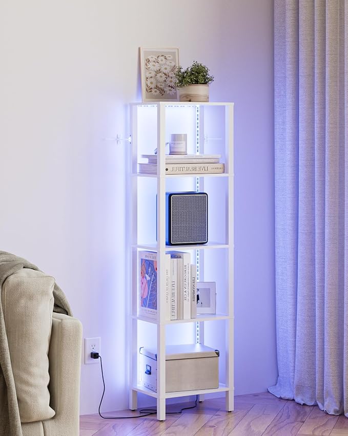 Open Book Shelf with LED Lights, 5 Tier Tall Bookshelf, Freestanding Shelf Narrow Bookcase with Open Shelves, 14.96" x 10.63" x 53.54", Book Shelves for Living Room, Office, Study, White