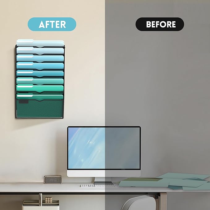 8-Tier Wall File Organizer, Hanging File Holder, Wall Mounted Mail Sorter | Metal Mesh Hanging File Organizer with Open Compartments and Label Panels for Papers and Folders at Home, Office or School