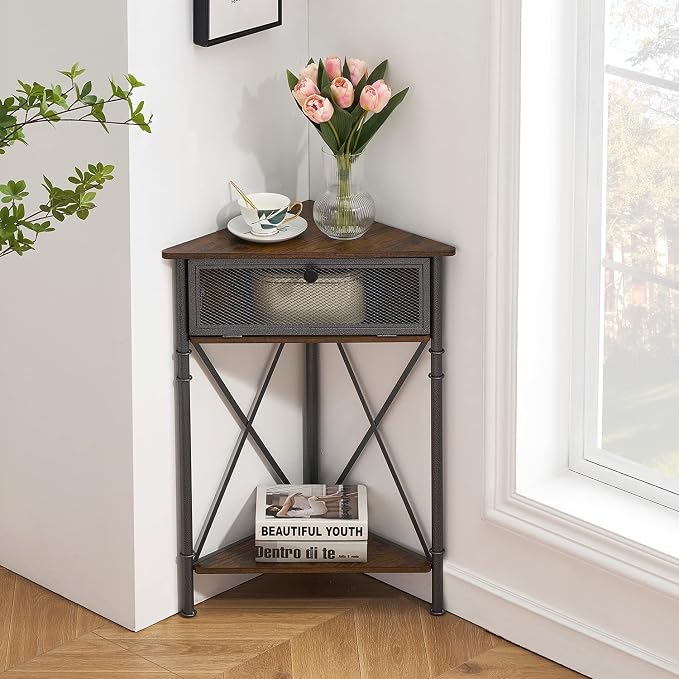 VECELO Cabinet/Table, 3-Tier Display Shelves with Protection Door, Metal Frame Storage Shelf Organizer for Small Space, Living Room, Kitchen, Bathroom, Set of 1, Brown+Black