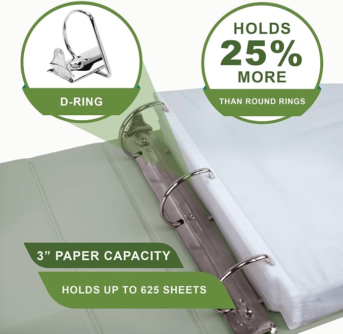 Samsill Plant-Based 3 Inch Durable D-Ring, View Binder, Eco-Friendly, USDA Certified Biobased, Single, Sage Green