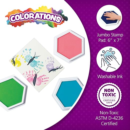 Colorations Jumbo Large Washable Stamp Pads for Kids, Rubber Stamps, 6 x 7" | Ages 2+, Non-Toxic, Arts & Crafts, Teachers, Handprints, 6 Colors, DIY, Craft Ink Pad for Stamps, Scrapbooking