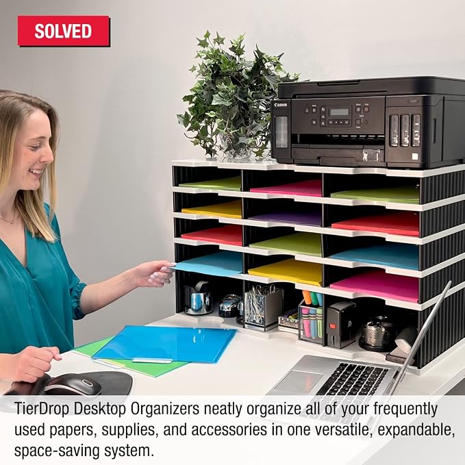 Ultimate Office TierDrop Desktop Organizer 12 Compartment Sorter Plus Riser | Riser base gives easy access to lower slots and stores desk accessories; modular no-tool design, expands with add-on tiers