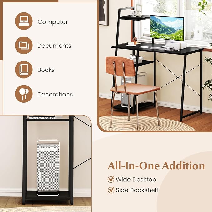 Giantex Computer Desk with Shelves, 47.5” Home Office Desk with Bookshelf, Host Stand, Metal Frame, PC Laptop Workstation, Modern Study Writing Desk for Bedroom, Small Space (Black)