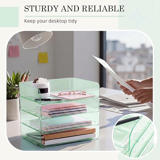 Harloon 4 Tier Clear Sage Green Acrylic Paper Organizer Letter Tray, Aesthetic Stackable Desk File Organizer Paper Holder Office Tray for A4, Modern Office Classroom Home File Pad Books Notes