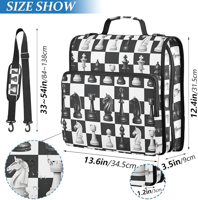 Chess Checkered Plaid 3 Ring Binder Bag 1.5 inch Binder Organizer with Zipper Shoulder Strap 500 Sheet Documents Storage for School Office