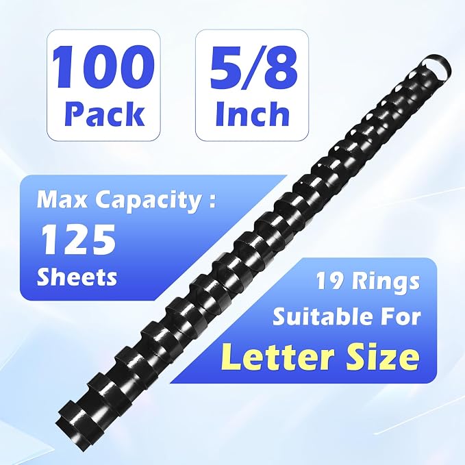 TOTiyea 100 Pack 5/8" 19 Ring Plastic Binding Combs 125-Sheet Letter Size | Binding combs,Black,8.5"x11",Bulk pack,For educators custom teaching References,classroom organization,work supplies