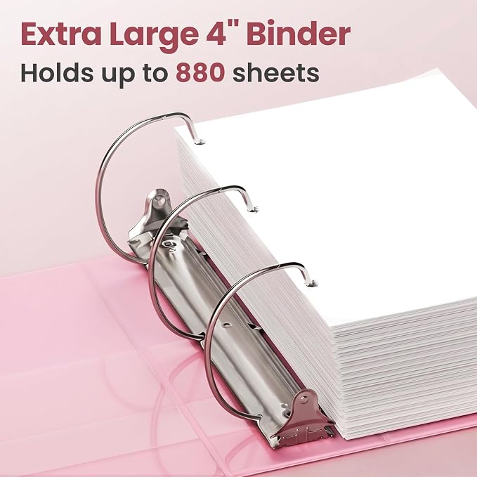 SUNEE 4 Inch Binder 3 Ring, 4" Extra Large D Ring Clear View PVC-Free (Fit 8.5x11 Inches) for Office or School Supplies, Pink, 2 Pack